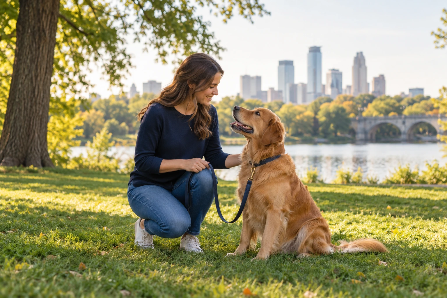 Illustrative photograph of a golden retriever connecting attentively with a handler during outdoor training